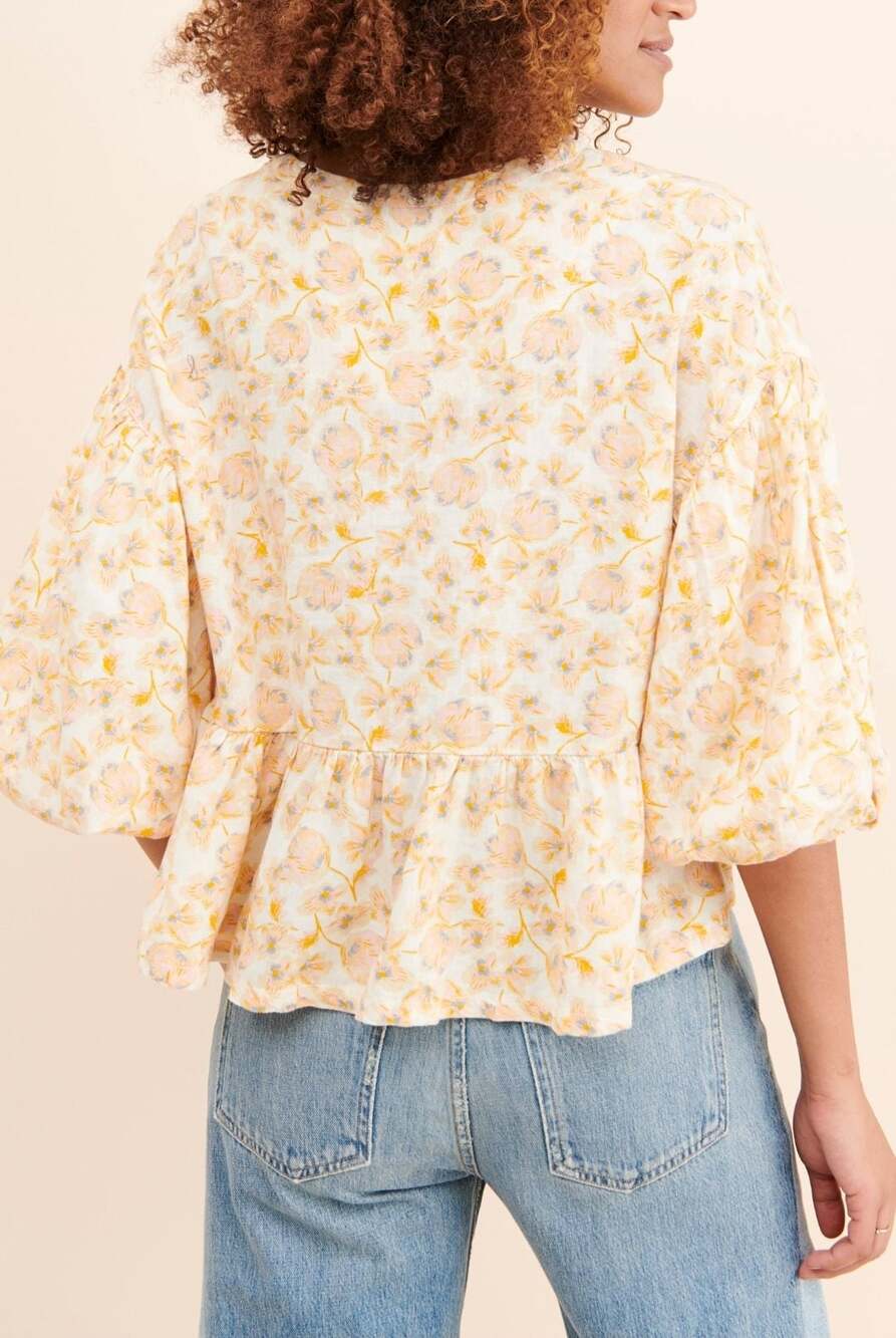 We The Free Free People Floral Linen Blend Babydoll Blouse Puff Sleeve M - Picture 3 of 11